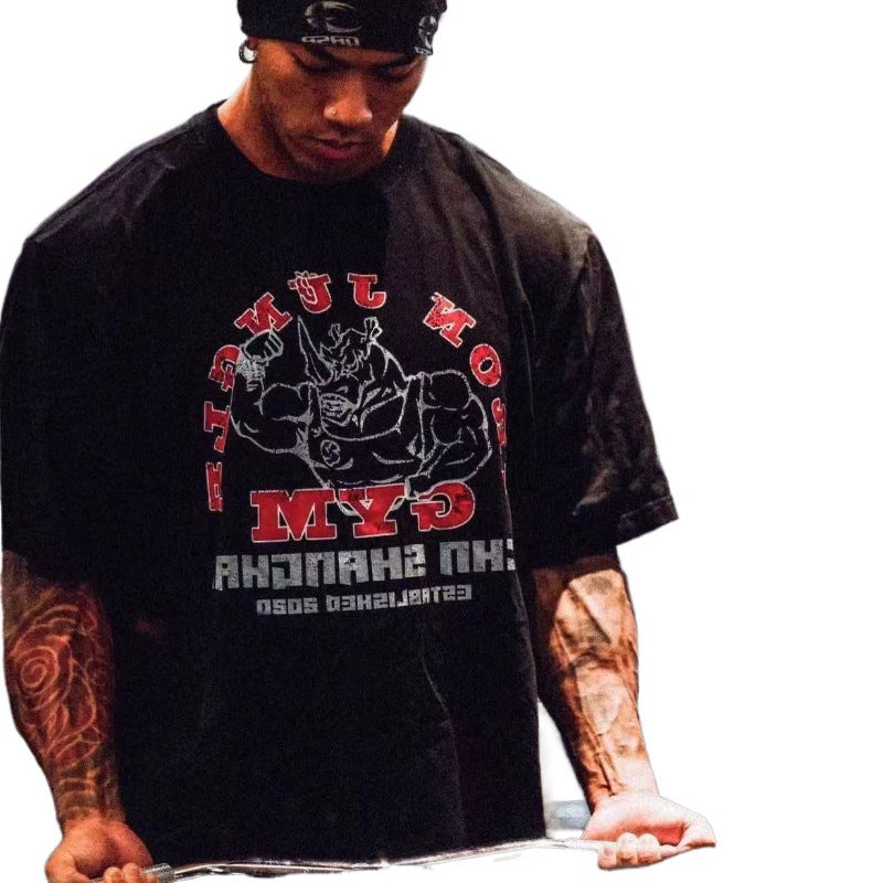 GYM destroys print crew neck T-shirt Plus size sport re