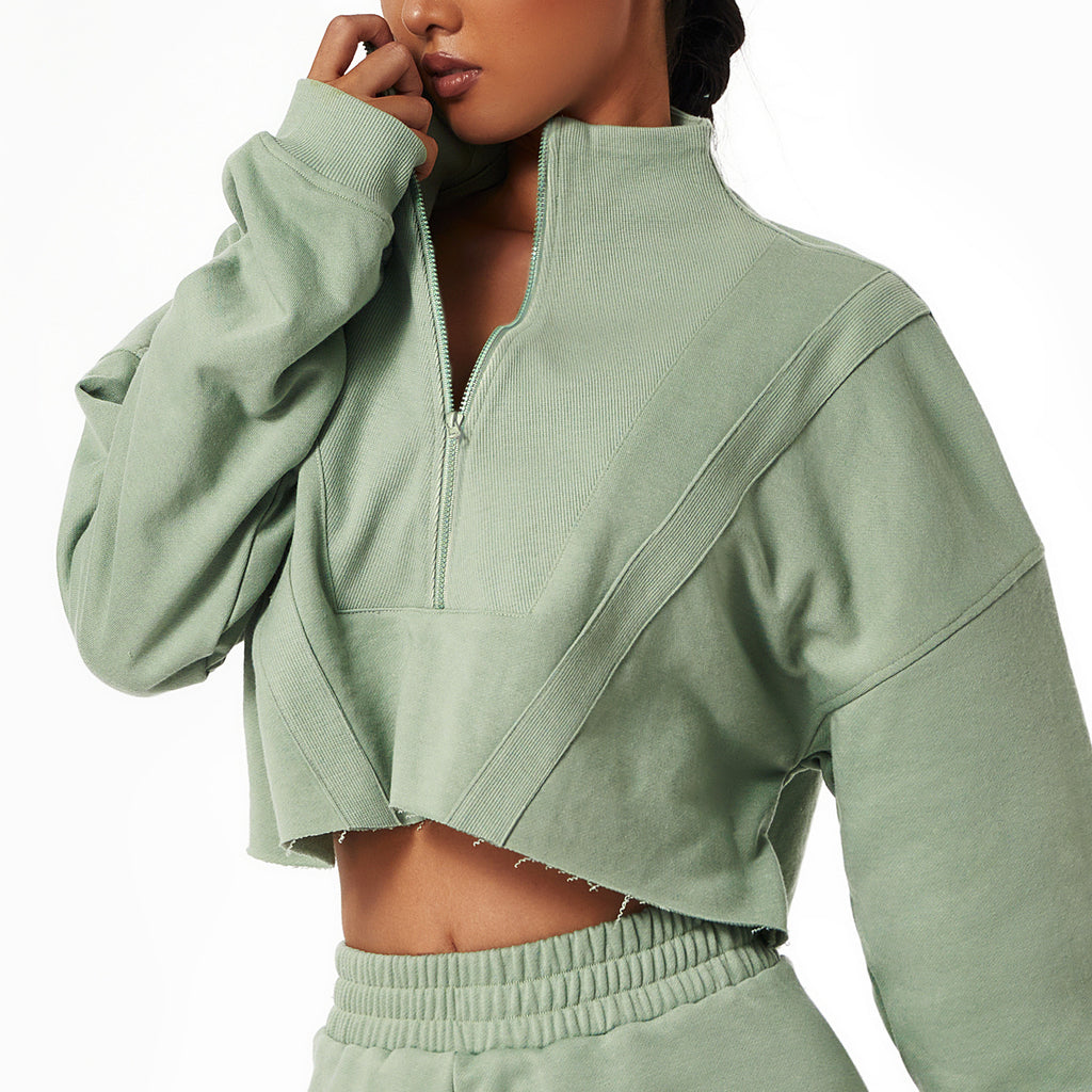 Loose Fashion Long Sleeve Sports Sweater Stand Collar Zipper Top Gym Training Leisure Outdoor Sweater