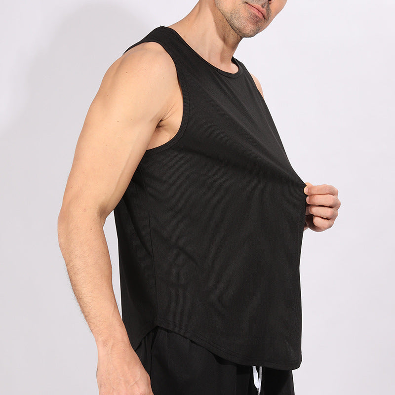 Retro Ribbed Sleeveless Vest Men's Running Training Fitness Top Casual Quick-Dry Breathable Gym Shirt