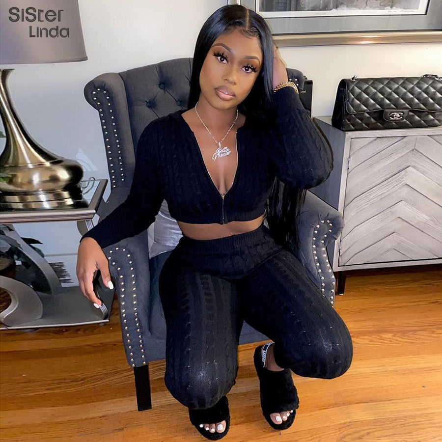 Sisterlinda Fashion Rib Knitted 2 Piece Sets Women Elasticity High Zipper Hoddies Sweatshirts Shinny Gym Leggings Joggers Outfit