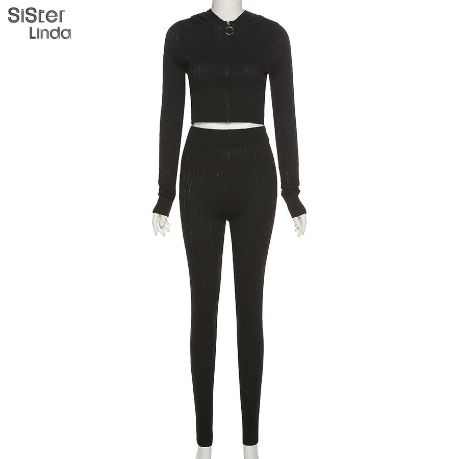 Sisterlinda Fashion Rib Knitted 2 Piece Sets Women Elasticity High Zipper Hoddies Sweatshirts Shinny Gym Leggings Joggers Outfit