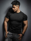 New Men's Sport Casual Running Gym Workout Elastic Quick-Dry Solid Color Short Sleeve T-Shirt